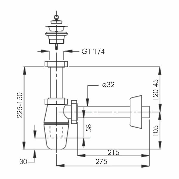 Сифон до умивальника з пробкою 1 1/4", зливна трубка d32x215 мм з розеткою d12601411S фото