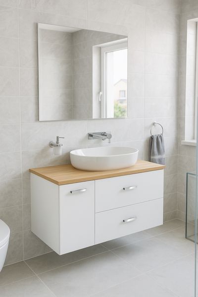 VICTORIA BASIC MODULAR комплект 89см: тумба 59см під накладний умивальник; модуль 30см із дверцятами; стільниця89 см; колір:білий/білий/дуб A85657580D фото