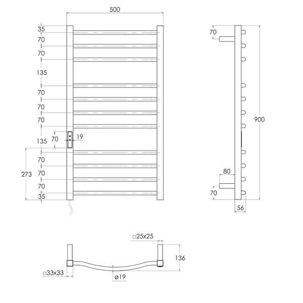 i-HEAT рушникосушарка електро, 120W, 500 * 900мм, AISI 304, 11п. (4-4-3) коло, стійки квадрат, таймер, терморегулятор, білий глянець, лівий IHC509111122 фото