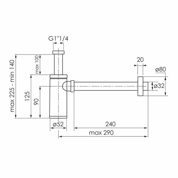Сифон до умивальника з накидною гайкою 1 1/4", круглий, зливна трубка d32x250 з розеткою d12601211S фото