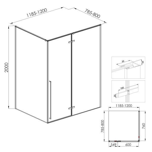 SOTA 120-C душова кабіна 120*80*200см прямокутна, реверсивна, розстібна, профіль чорний мат, скло прозоре 1038.134663 фото